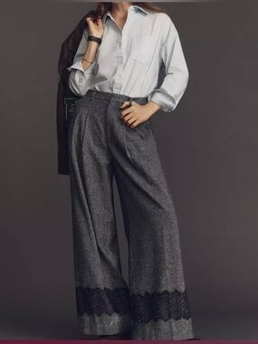 Maeve Gray Wide-Leg Wool-Blend Pants with Black Lace Hem Size XS
